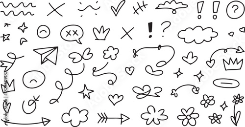 Various handdrawn doodle elements convey diverse ideas, showcasing simple shapes and emotion against white