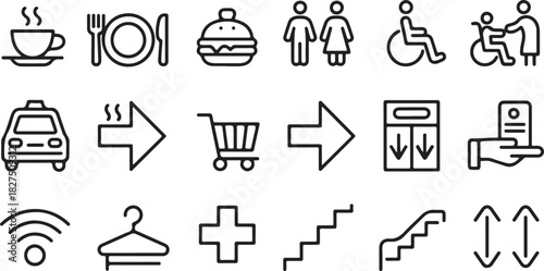 Various services are depicted with minimalist black line icons on a transparent background