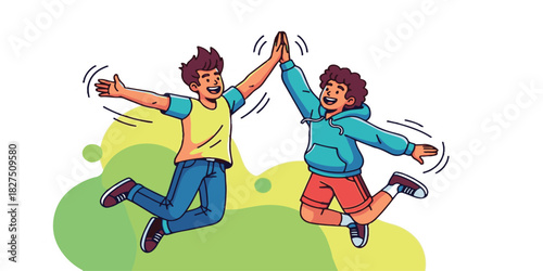 Cartoon vector illustration of kids and boy soccer players jumping and running with a ball, silhouette of people and fans playing football for sport and fun