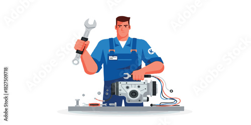 Smiling construction worker in a safety helmet holding a measuring tape and tools, featuring  cartoon men with a drill