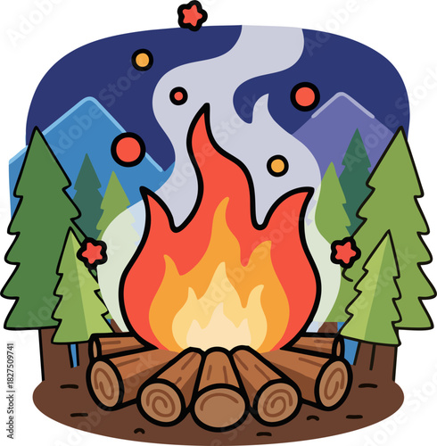 Cartoon Forest Campfire with Mountains and Smoke – Cozy Bonfire Vector Illustration