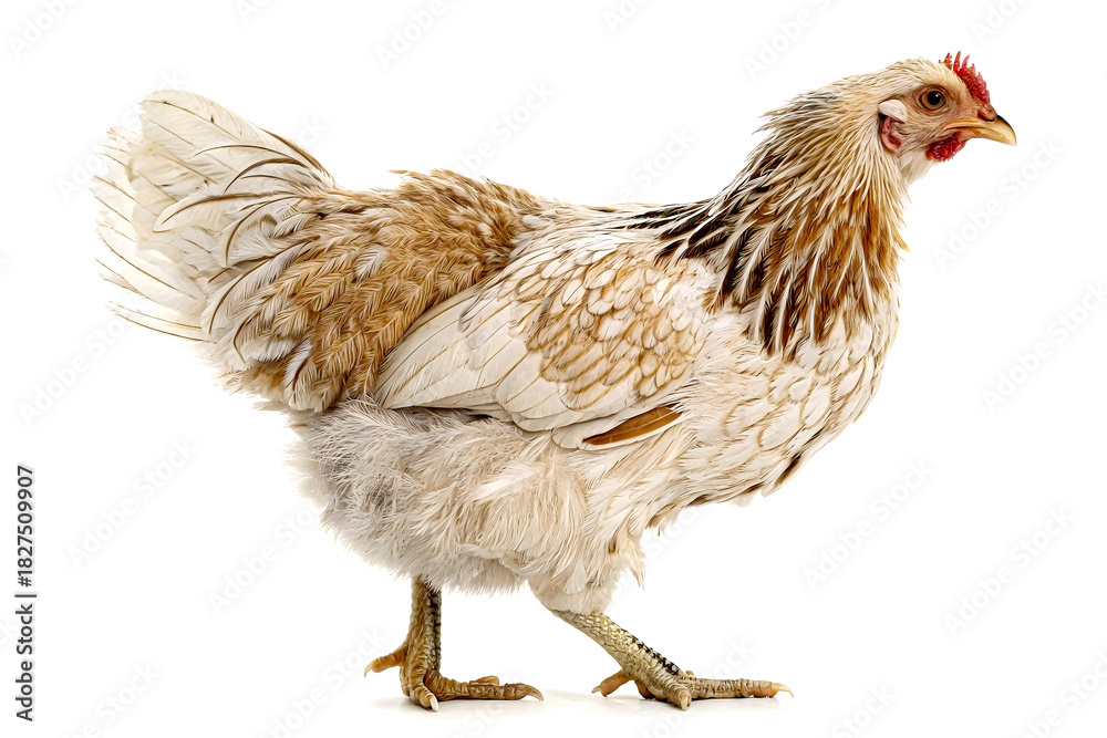 Fototapeta premium Free-range Hen: A detailed shot of a hen displaying its unique plumage pattern, showcasing the natural beauty and free-range lifestyle.