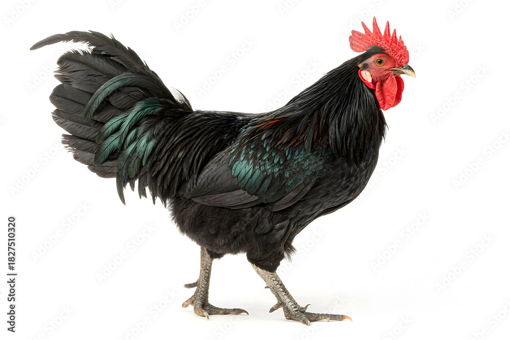 Fototapeta premium Majestic Rooster Portrait: A striking rooster displays its vibrant plumage, showcasing a perfect example of poultry in its prime.