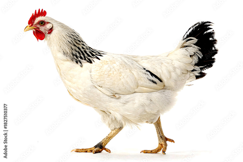 Fototapeta premium Elegant Hen's Stroll: A proud hen in full profile, showcasing the simplicity of nature, strutting across the scene. The crisp clarity unveils the hen's pristine form.