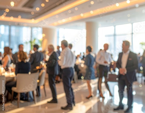 Blurred background of a business event with people networking and socializing in a modern, brightly lit conference hall or hotel ballroom.