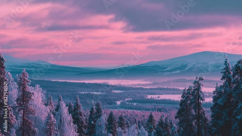 Snowy pine forest at sunset with a pink sky over distant mountains. Concept Snowy pine forest, Sunset alpenglow, Pink sky hues, Distant mountain silhouettes, Winter landscape photography