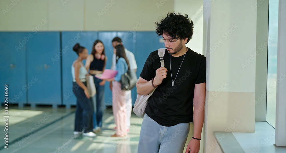 Fototapeta premium Indian sad young adult gen z man guy wear bag feel low look upset fail in study exam result indoor campus place alone lost tensed male boy suffer social bully live bad hostel life