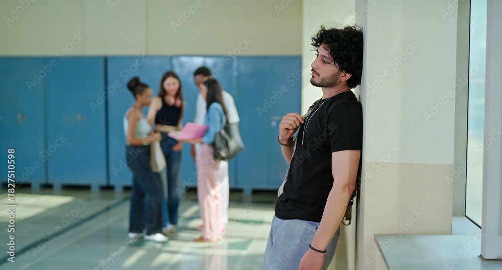 Fototapeta premium Indian sad young adult gen z man guy wear bag feel low look upset fail in study exam result indoor campus place alone lost tensed male boy suffer mental health issue social bully live bad hostel life