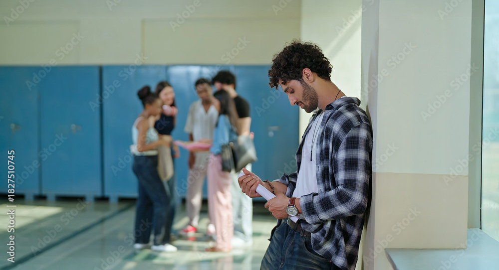 Fototapeta premium Indian sad young adult gen z man guy feel low look upset hold result paper report card fail in study exam at campus place alone lost male boy suffer fear social bully bad hostel life