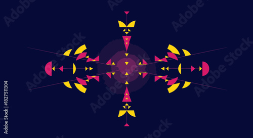 A vibrant, symmetrical abstract design featuring a complex arrangement of geometric shapes in yellow, pink, and purple, creating a modern digital art background.