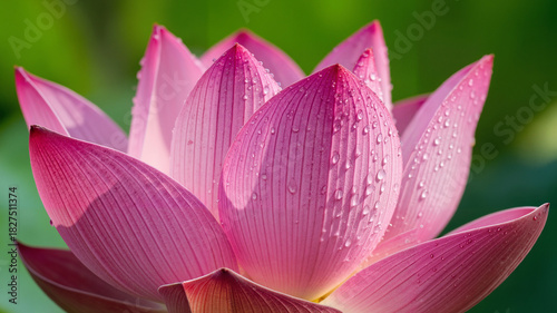 Pink lotus flower on water with droplets in natural setting - Concept of Ganga Sagar Mela  