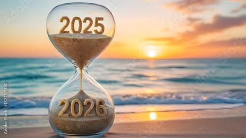 Hourglass with 2025 and 2026 on the beach at sunset, counting down to the new year with warm, serene colors and a calm ocean background.