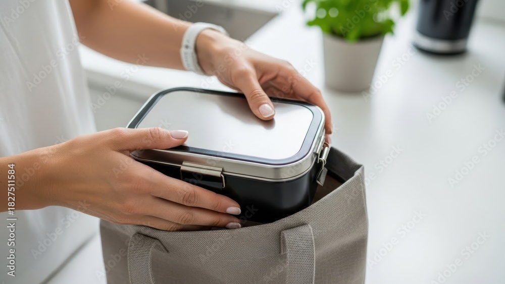 Fototapeta premium Woman hands placing a modern lunch box into a reusable bag. Healthy meal preparation and sustainable lifestyle concept for everyday lunch.