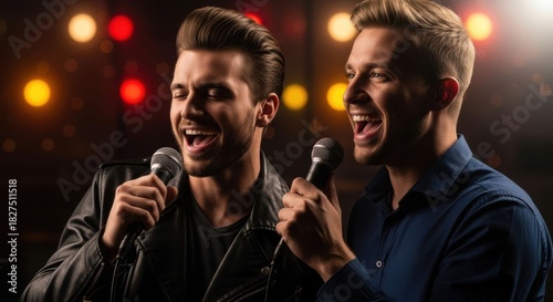 Two men singing karaoke on stage with microphones. Happy friends enjoying live concert, music performance, or talent show.