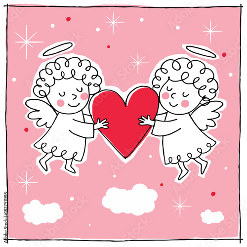 A sweet illustration of two cherub-like angels holding a large red heart for Valentine’s Day cards, love-themed prints, and adorable holiday decorations.