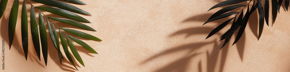 Naklejka premium Tropical palm leaves casting shadows on textured beige background