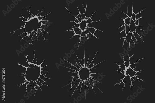Broken glass burst, bullet hole cracks, and explosive vector illustration. glass with radiating cracks in an abstract design. Eps 10