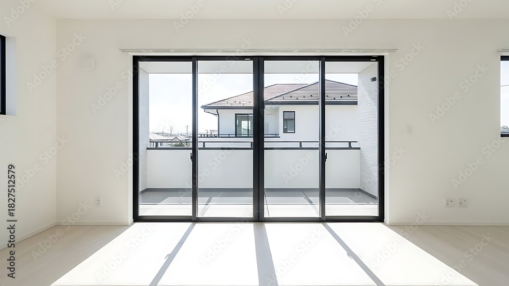 Fototapeta premium Bright interior room with sliding glass doors leading to a balcony and view of a modern house