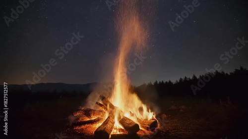 A cinematic static shot captures a vibrant campfire burning brightly against a breathtaking