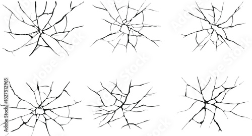 Broken glass cracks, vector illustration set. various shattered glass effects, broken lines, and impact cracks. Eps 10