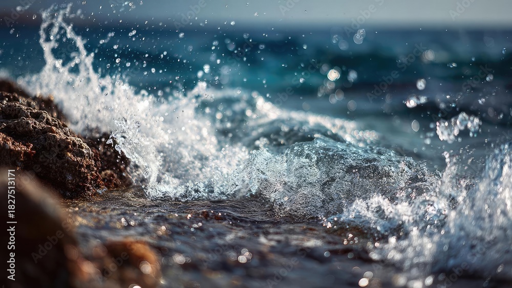Obraz premium Waves crash against a rocky shoreline, spraying water into the air. Concept Coastal Photography, Rocky Shoreline, Water Spray, Dramatic Waves, Windy Conditions