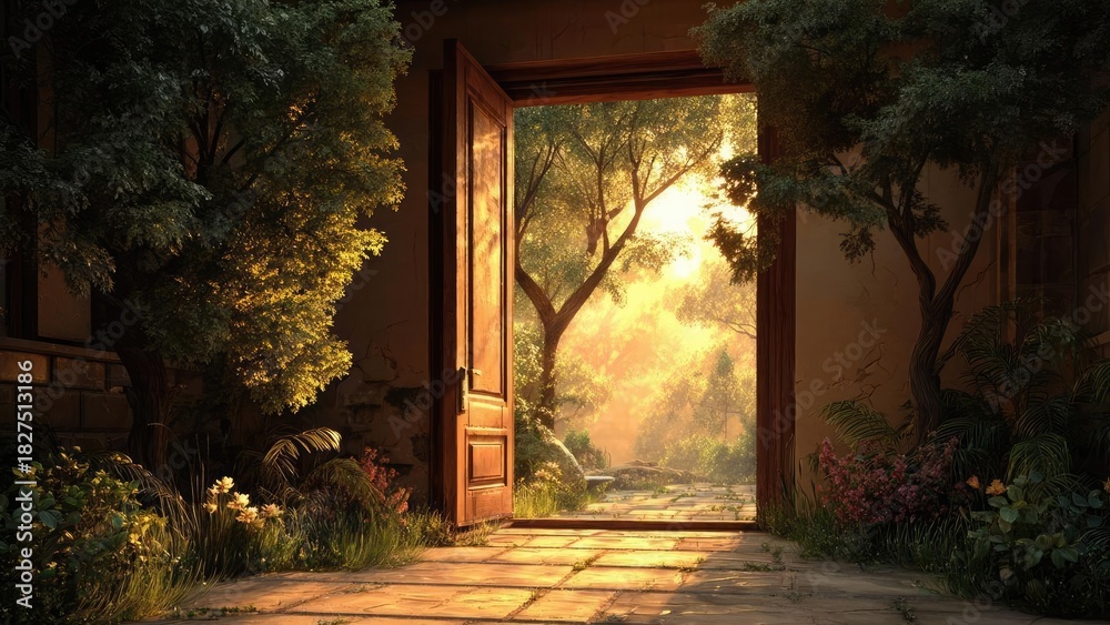 Obraz premium An open wooden door reveals a sunlit garden path with trees and flowers bathed in warm golden light. Concept Open wooden door, Sunlit garden path, Golden hour glow, Trees and flowers, Rustic doorway