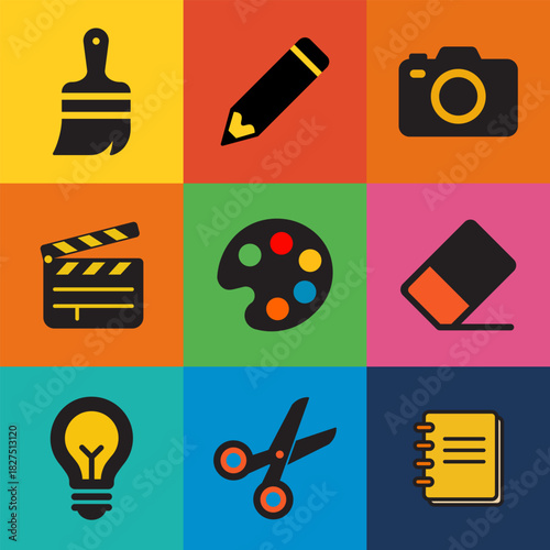 Colorful creative tools and art icon set