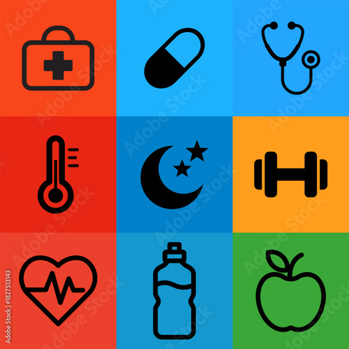 Colorful health and wellness icon set