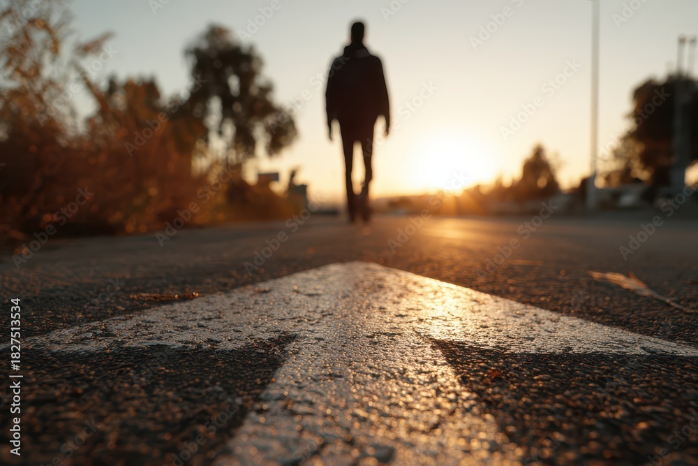 Naklejka premium Close-up of a man walking along a road with a bold arrow painted on the pavement, symbolizing direction and journey