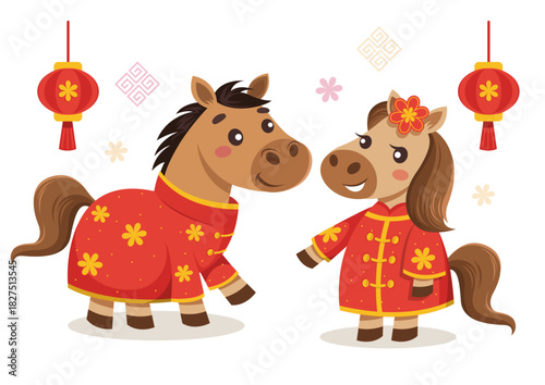 2026 Year of the Horse horizontal flat cartoon illustration featuring smiling male and female horses wearing red Chinese festival outfits for Chinese New Year celebration designs