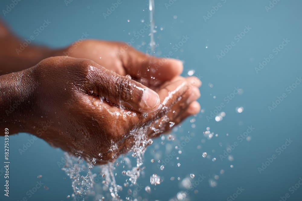 Fototapeta premium Close-up of an adult male washing hands with flowing water and a blue backdrop
