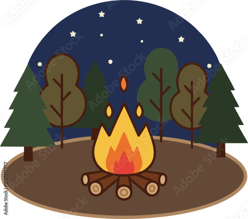 Starry Night Forest Campfire – Cozy Bonfire Vector Illustration with Trees
