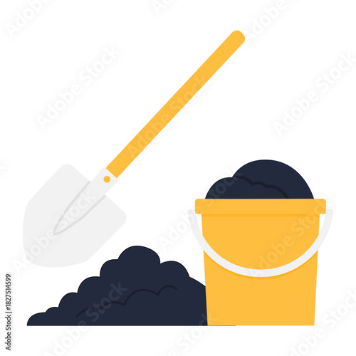 a bucket filled with sand or cement, beside a yellow-handled shovel, for construction and home improvement projects