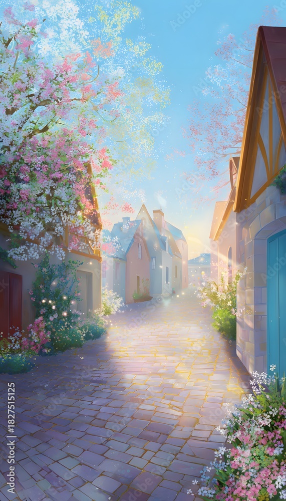 Fototapeta premium Charming village illustration evokes joy pastel homes bloom under gentle sunlight serenity