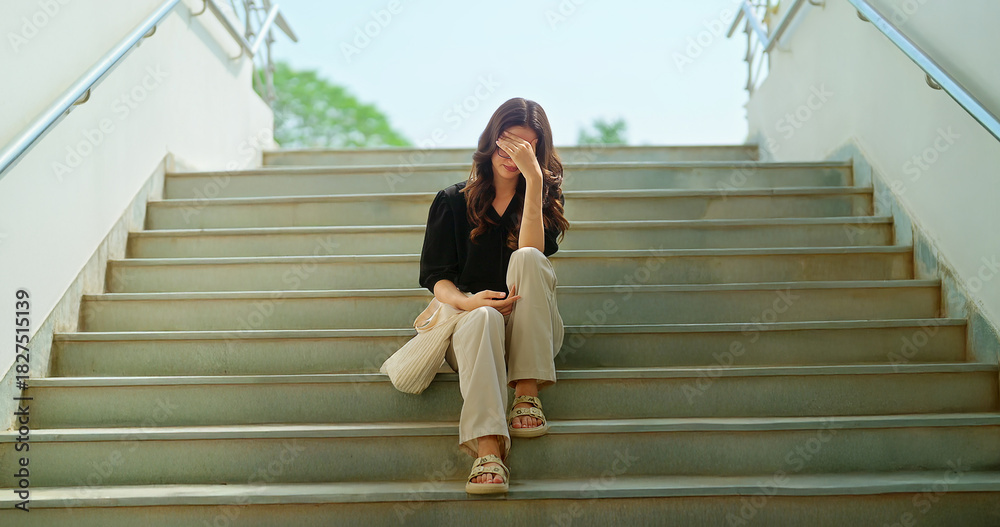 Ταπετσαρία Indian young adult gen z upset female sitting alone on stair failed in exam feel bad low at campus place