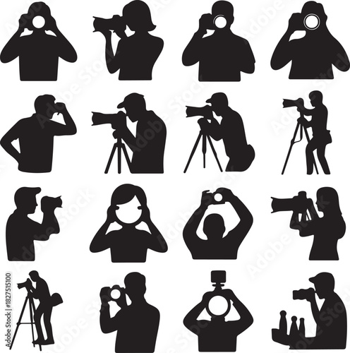 Collection of silhouette photographers with cameras and tripods on white background