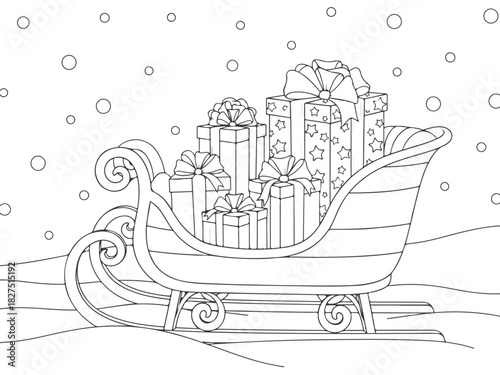 Christmas sleigh filled with presents in a snowy landscape, a beautiful line art vector design for a holiday coloring book page. 5