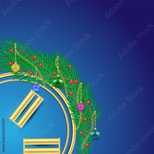 A festive New Year's vector illustration featuring decorated fir branches, gold elements, and multicolored baubles on a blue gradient background