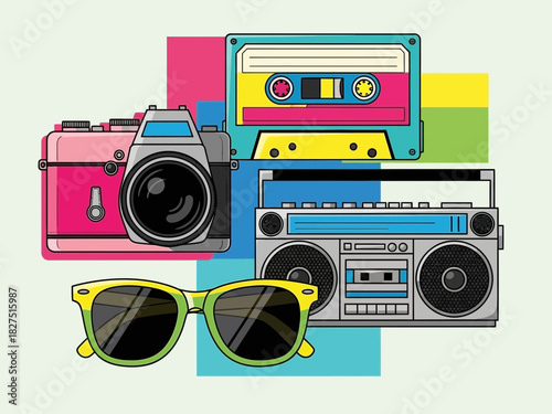 Retro summer vibes featuring a camera cassette tape boombox and sunglasses illustration