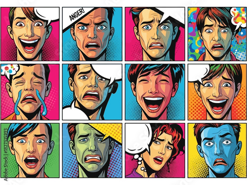Comic book panel showing various human emotions in a pop art style design