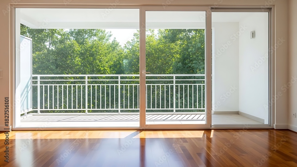 Fototapeta premium Bright room with hardwood floors leading to a balcony with a white railing and green trees outside