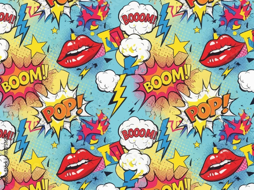 Vibrant comic book style pattern featuring bold speech bubbles and pop art elements