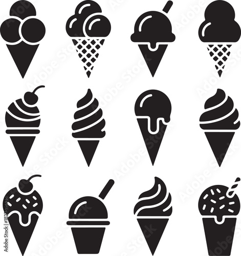 Collection of various ice cream cone designs in black and white