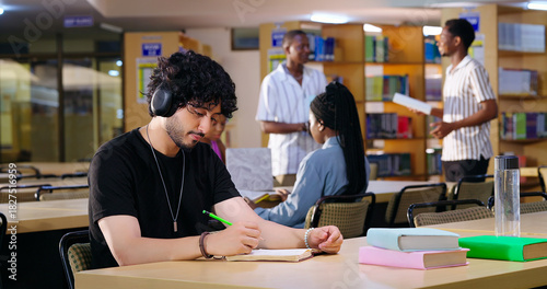 Indian Asian young adult gen z male man calm peace mind student sitting desk table listening music hold pencil write exam notes smart boy do self study read book prepare topics indoor library busy day