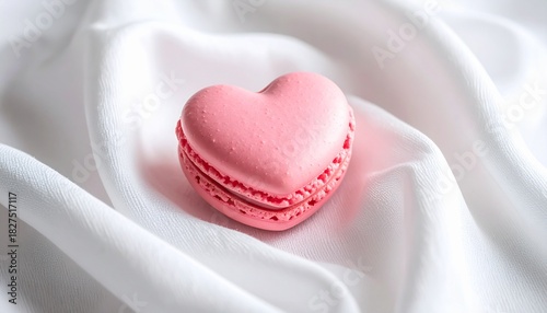 白い布の上にハート型のピンクマカロンを置いた清潔で可愛いスイーツ写真。柔らかい布の質感と優しい陰影が高級感を演出し、バレンタイン・ギフト・ブランド撮影素材として用途の幅が広いスタイリッシュな構図。
