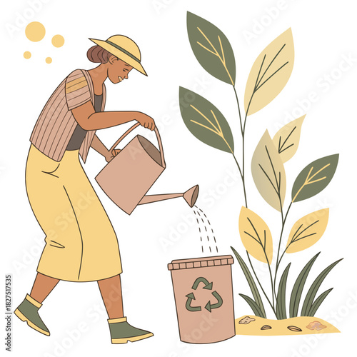 Nurturing Green: A woman in a wide-brimmed hat, tends to a lush garden with a watering can, embodying a deep connection with the environment, promoting sustainable practices.