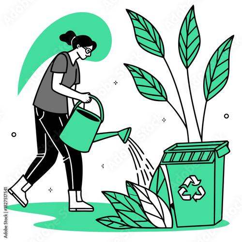 Nurturing Sustainability: A woman diligently waters a vibrant plant, promoting recycling and environmental preservation. Capturing the spirit of eco-conscious action and communal effort