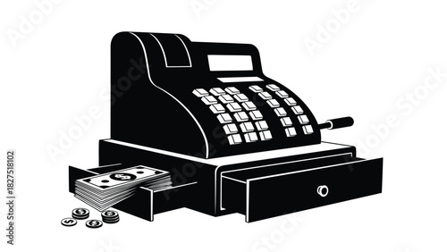 Vintage cash register with open drawer full of money and coins silhouette