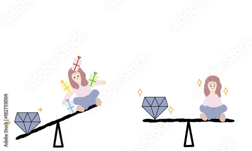 付加価値を付けて盛る女性と自然体で輝く女性の対比イラスト