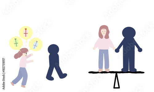 与えすぎる女性と等しい関係に立つ女性の対比イラスト
